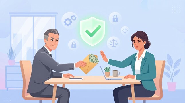 Businesswoman refusing a bribe from a businessman in an office setting with security shield
