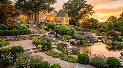 Fototapeta premium Luxury estate backyard at sunset with a beautiful hillside stone waterfall and pond