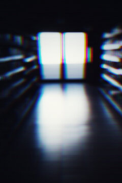 Corridor with VHS and CRT style analogue glitch effect with RGB shift