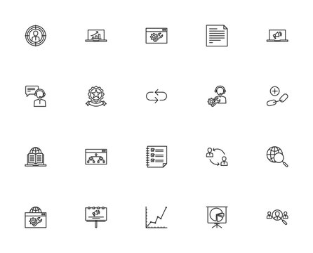 SEO Search Engine Optimization icon set. Minimal line icons. Vector illustration. Featuring man, promotion, blog, digital advertising, analytics, graph, megaphone, people and more.