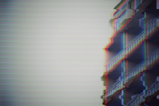 Abstract halftone and CRT glitch art with urban building