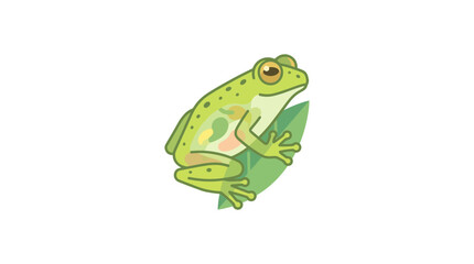 Fototapeta premium Cute cartoon frog with big eyes sitting on a green leaf, white background