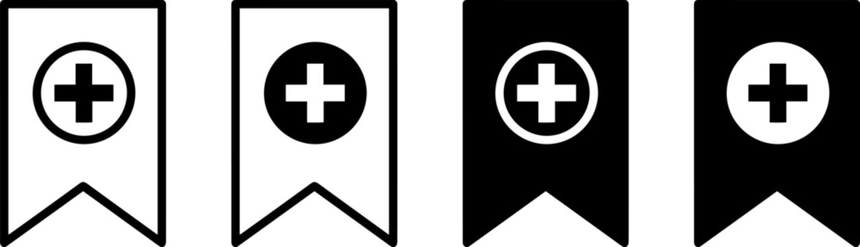 Set of bookmark icons with plus sign isolated on white background
