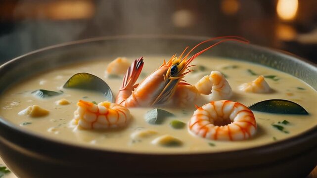 Ultra realistic cinematic footage of seafood chowder close-up, steam and texture, no people, 4K UHD