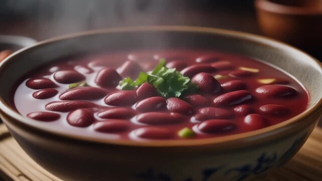 Ultra realistic cinematic footage of Chinese sweet red bean soup in ceramic bowl, steaming, no people, 4K UHD