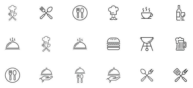 Culinary Icons Collection. A graphic collection of line art icons representing various aspects of food and dining, including chef hats, cutlery, food service, beverages, and grilling.