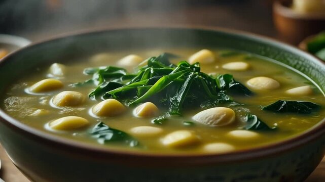 Ultra realistic cinematic footage of Nigerian egusi soup, melon seeds and greens, thick broth, steaming, no people, 4K UHD