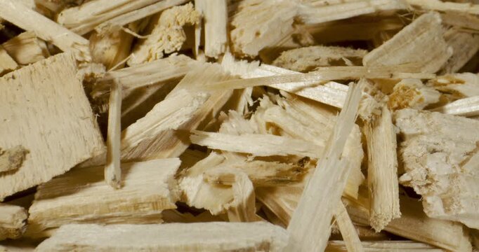Close-up of pale wood chips and splinters in a shallow pile