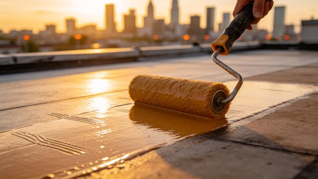Person applying sealant on rooftop with city skyline