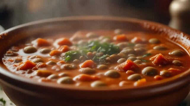 Ultra realistic cinematic footage of Moroccan harira, tomato and lentil soup, bubbling, steam rising, no people, 4K UHD