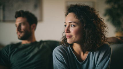 Fototapeta premium Premium happy couple sharing relaxed conversation on home sofa in soft light, genuine connection moment, editorial lifestyle photography with copy space