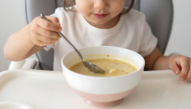Little girl eating creamy soup from a white bowl in a high chair, close-up shot of toddler mealtime with a spoon, healthy children's nutrition concept