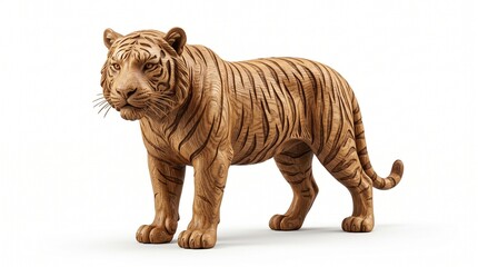Fototapeta premium Hand Carved Wooden Tiger Sculpture Walking Pose on White Background
