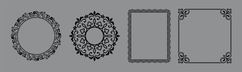 Plakat Set of decorative frames Elegant vector element for design in Eastern style, place for text. Floral black and gray frames. Lace illustration for invitations and greeting cards