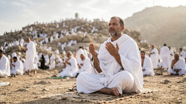 Muslim man praying in white ihram on Arafat Day during Hajj  