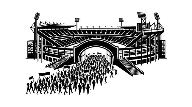 A large crowd of people walking into a stadium with a big archway entrance.