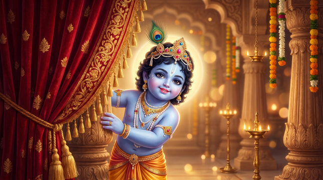 Cute baby Krishna temple illustration with glowing devotional ambiance and festive spiritual background