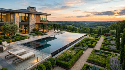 Fototapeta premium Exquisite modern country estate featuring infinity pool, sun deck, and panoramic sunset views