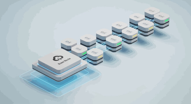 A stack of white blocks with a logo.
