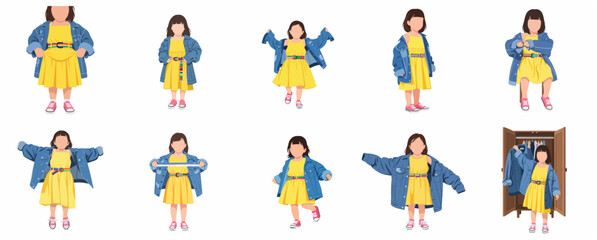 Fototapeta premium Set of vector illustrations featuring a little girl in a yellow dress and oversized denim jacket in various poses, playing dress-up and measuring her waist