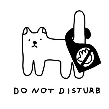 Lineart of a do-not-disturb sign-bearing dog, dark, minimalist illustration