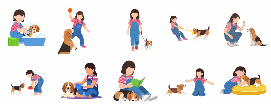 Vector collection of a young girl and her beagle dog engaged in various activities like bathing, walking, playing, feeding, and grooming, illustrating child and pet companionship.