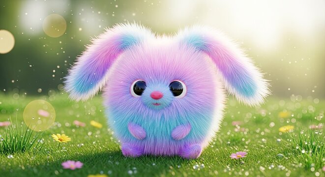 Fluffy colorful fantasy creature sitting in green flower meadow.