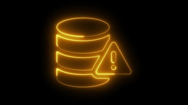 Neon database error animation: glowing gold server warning symbol for cyber security and it tech projects