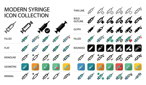 Modern syringe icon collection with multiple graphic styles