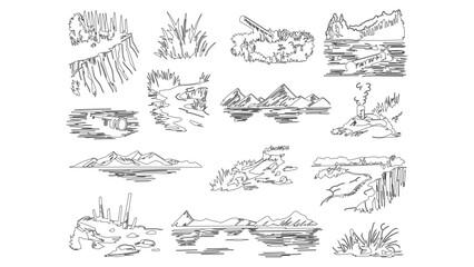 Fototapeta premium Nature landscape icons set featuring mountains rivers lakes and cliffs in sketch style art.