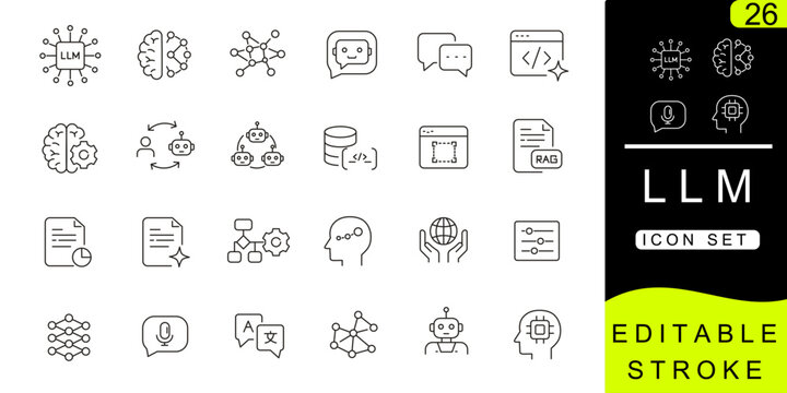 Large Language Model Icons Set with Editable Stroke. LLM, AI Agent, Neural Network, Chatbot and Generative AI Outline Vector Collection