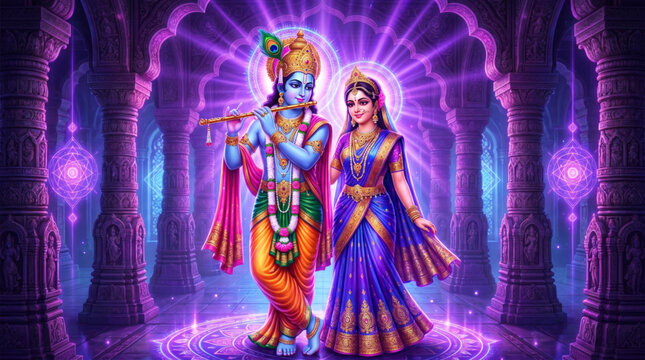 Divine Radha Krishna spiritual illustration with glowing mystical temple aura and vibrant devotional artwork
