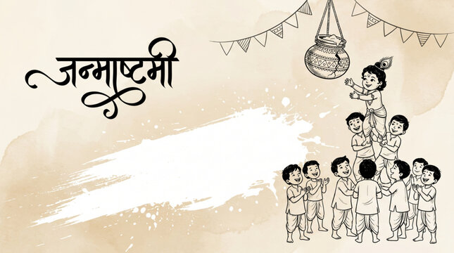 Janmashtami dahi handi festival illustration with children pyramid and traditional Indian celebration design