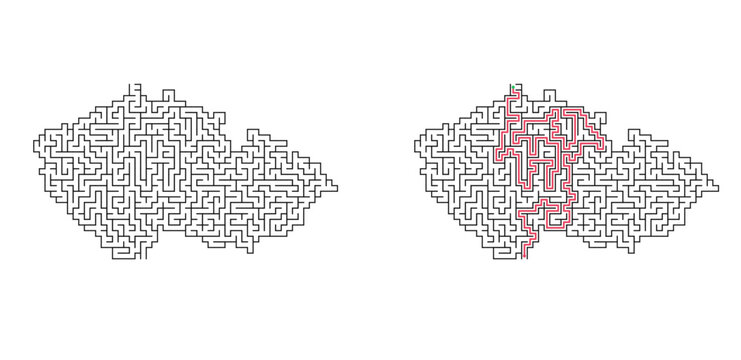 Czechia outline labyrinth with answer. Country map shaped maze puzzle, black and white flat vector illustration