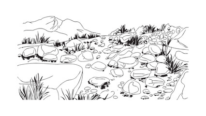 Fototapeta premium Landscape sketch of rocky terrain with mountains and wild grass in hand drawn vector style.