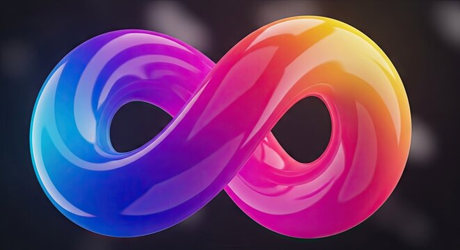 Glossy rainbow infinity symbol on dark background.