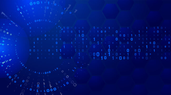 Dynamic digital background with binary code 0, 1 and hexagonal patterns, representing data stream, cybersecurity, and technological innovation.
