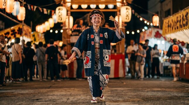 Smiling Japanese Woman in Traditional Happi Coat Dancing at Night Matsuri Festival with Lanterns, Authentic Cultural Celebration and Vibrant Street Life in Japan