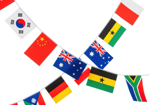 Bunting string with various international flags isolated on transparent background