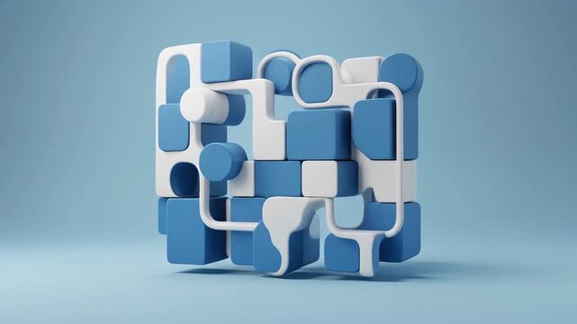 3d puzzle assembly timelapse with blue and white blocks