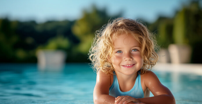 A joyful child with curly hair sits by the pool, basking in the summer sun. The scene captures bright natural light highlighting playful waves and a cheerful atmosphere.