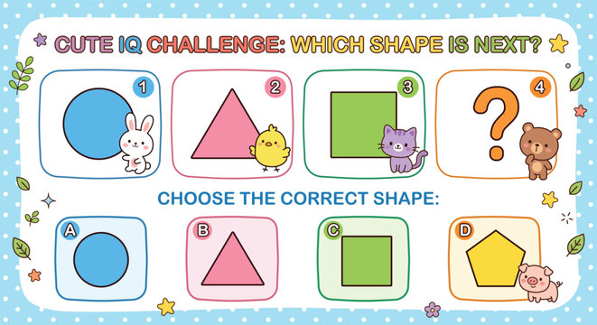 Cute IQ challenge educational game for children. Which shape is next puzzle with kawaii animals including a rabbit, chick, cat, bear, and pig. Polka dot border vector illustration.