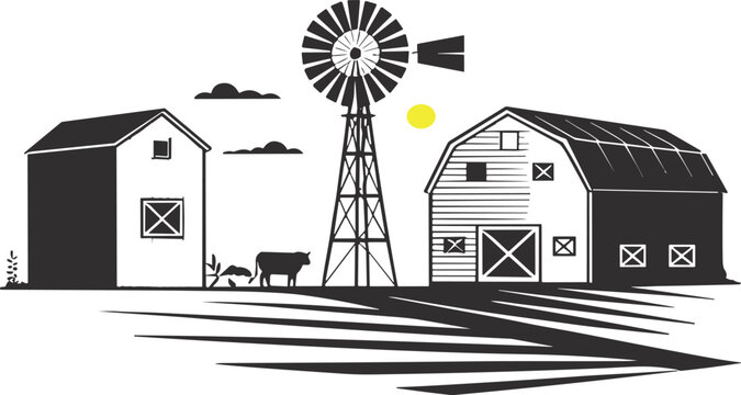 Black and White Rural Farm Scene with Two Barns Windmill Cow and Clouds on White Background