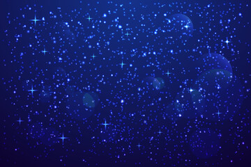 Starry night sky background with glowing blue stars, cosmic galaxy space vector, sparkling celestial light bokeh and magic dust texture © Raju