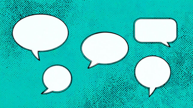 Comic speech bubbles template set isolated on halftone background. Set of empty comic speech bubbles with black outlines on teal pop art backdrop. Retro blank chat clouds, thought speech bubbles icon.
