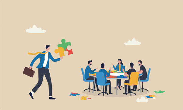 Finding jigsa businessmeeting teams together for new idea to solve self problem, challenge or inspiration concept, businessman finding jigsaw to complete himself