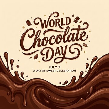 World chocolate day celebration poster with flowing liquid chocolate background