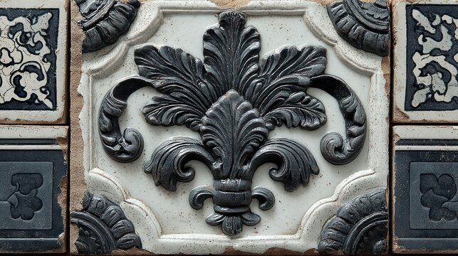 Intricate Decorative Fleur de Lis Tile with Ornate Border Details.