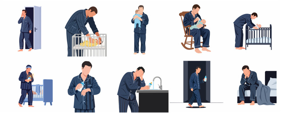 Tired Father Taking Care of Baby at Night Flat Vector Illustration Set, Exhausted Dad Feeding Newborn, Sleep Deprived Parenting Concept