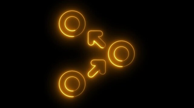 Glowing neon network connection animation with pulsing arrows and circular nodes data